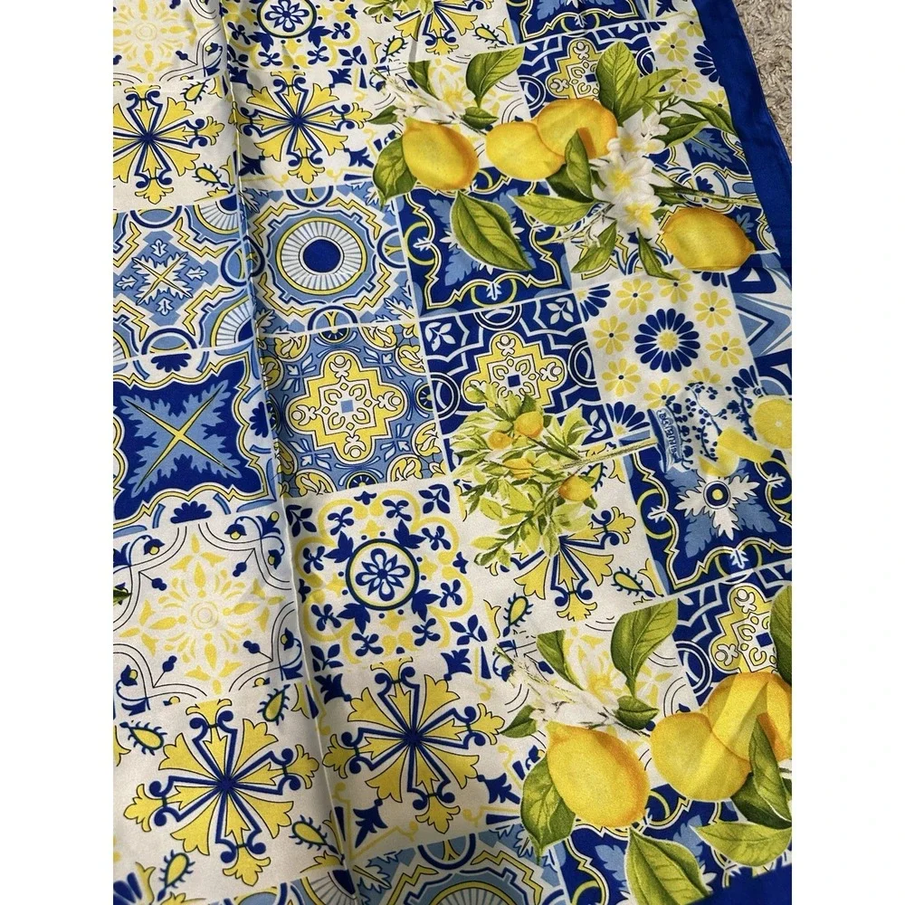 Italian Tile Lemon Print Square Scarf  Blue Yellow Amalfi Coast Satin Head Wrap